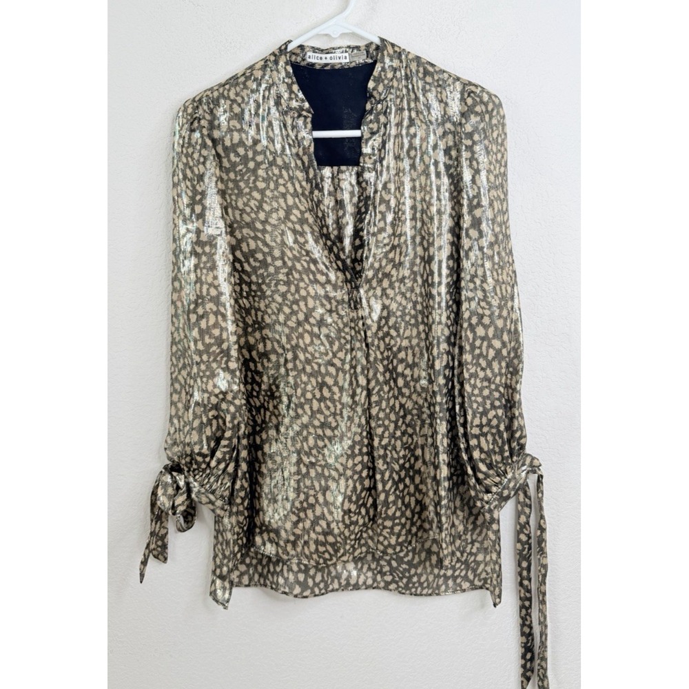 Alice + Olivia Silk Blend Metallic Leopard Print Blouse Tie Sleeve Top Sz S Glam